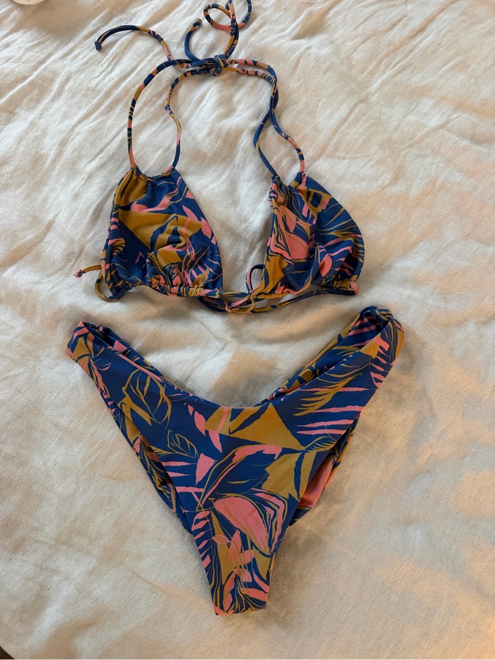 Skatie Bikini Pink & Mustard Leaf Print - Alice Top & Parker Bottom in Anguilla